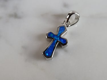Womens Sterling Silver Blue Opal Religious Cross Pendant