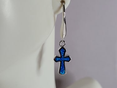 Womens Estate Sterling Silver Blue Opal Religious Cross Earrings