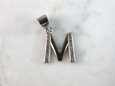 Womens Vintage Estate Sterling Silver CZ Letter "M" Pendant