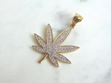 Blinged Out 14K Yellow Gold Marijuana Pot Leaf Pendant