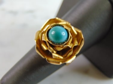Womens Vintage Estate 18K Gold Flower Turquoise Ring