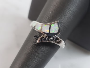Womens Sterling Silver Modernist Greek Key Opal Ring