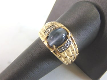 Mens Vintage Estate 10K Gold Cats Eye Diamond Ring
