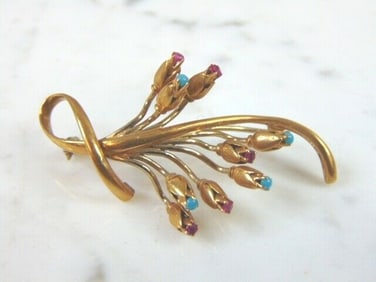 Womens Vintage Estate 14K Yellow Gold Flower Brooch