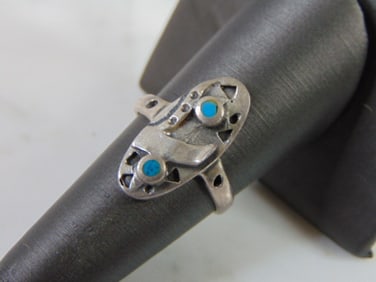 Womens Vintage Estate Sterling Silver Modern Abstract Turquoise Ring