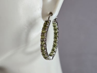 Womens Vintage Estate Sterling Silver Peridot Hoop Earrings