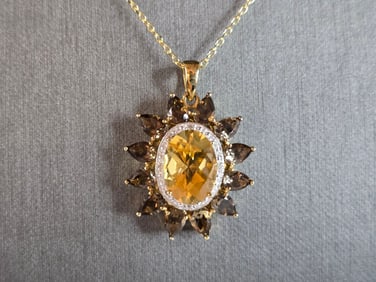 Womens Sterling Silver Necklace w/ Citrine Stone Pendant