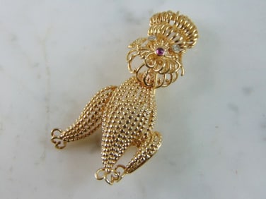 Womens Vintage Estate 14K Yellow Gold Poodle Brooch