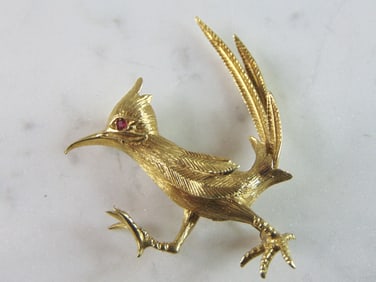Womens Vintage Estate 18K Yellow Gold Bird Brooch