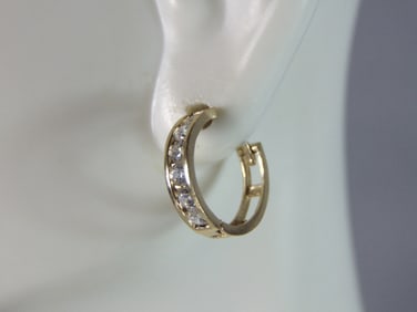 Womens Vintage Estate 14K Yellow Gold CZ Hoop Earrings