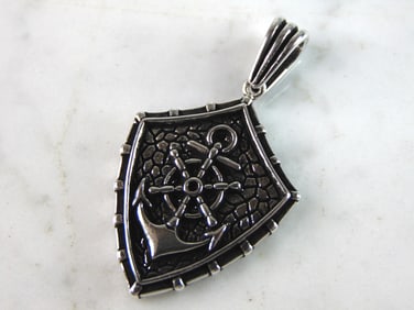 Mens Vintage Estate Sterling Silver Maritime Anchor Shield Pendant