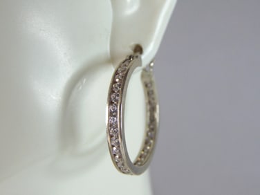 Womens Vintage Estate Sterling Silver CZ Hoop Earrings