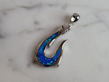 Womens Sterling Silver Blue Opal Hawaiian Fish Hook Pendant
