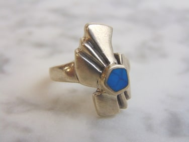 Womens Vintage Sterling Silver Modernist Turquoise Ring