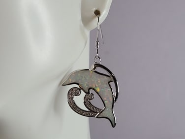 Womens Sterling Silver Modernist Opal Dolphin Earrings