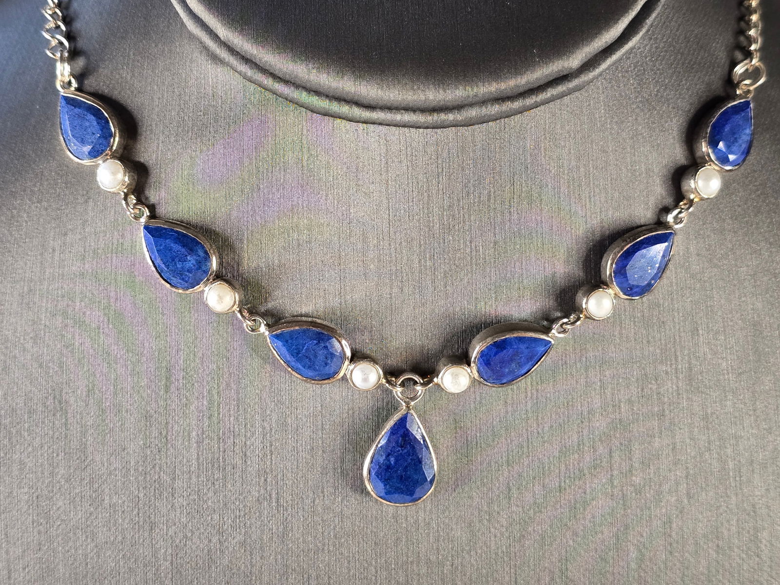 Womens Vintage Estate Sterling Silver Lapis Necklace (1 of 4)