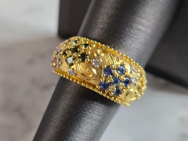 Womens Vintage Estate 18k Yellow Gold Multi Stone Ring