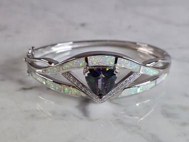 Womens Sterling Silver Modernist Opal Bangle Bracelet