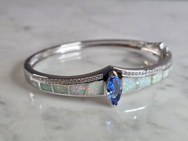 Womens Estate Sterling Silver Modernist Opal Bangle Bracelet
