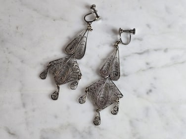 Womens Vintage Estate Sterling Silver Filigree Dangle Earrings