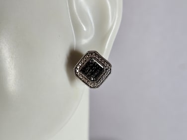 Womens Vintage Estate Sterling Silver Black Diamond Earrings
