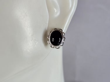 Womens Vintage Estate Sterling Silver Onyx Earrings