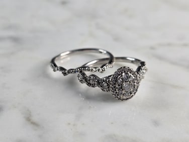 Womens Vintage Estate 10K White Gold Diamond Wedding Ring Set