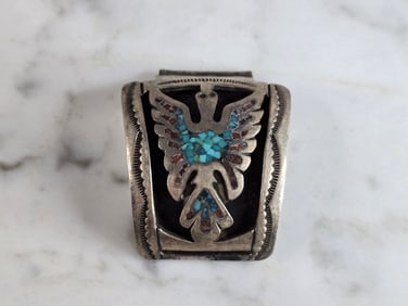 Vintage Sterling Southwestern Turquoise Coral Peyote Bird Watch Tip