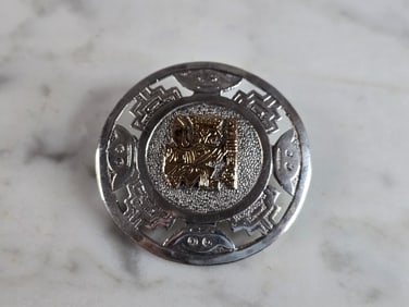 Womens Vintage Estate Sterling Silver & 18k Gold Mayan Inca Brooch