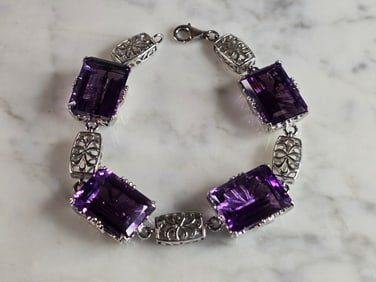 Womens Vintage Estate Sterling Silver Amethyst Bracelet