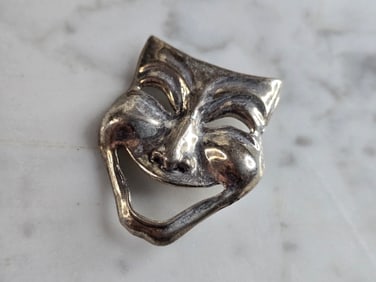 Womens Vintage Estate Sterling Silver Comedy Mask Brooch