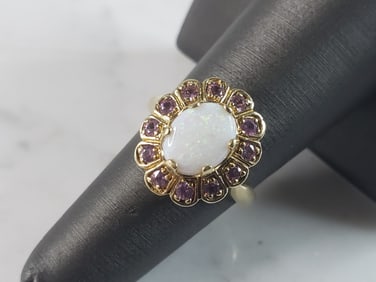 Womens Vintage Estate 10K Yellow Gold Opal Amethyst Ring