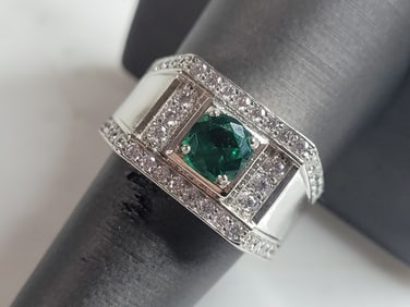 Mens Estate Sterling Silver Emerald Color Ring