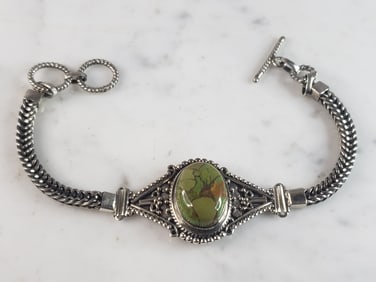 Womens Vintage Estate Sterling Silver Green Jasper Bracelet
