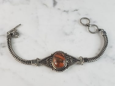 Womens Vintage Estate Sterling Silver Orange Jasper Bracelet