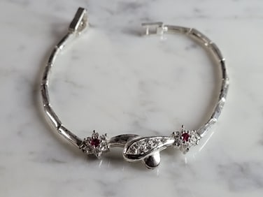 Womens Vintage Estate Sterling Silver Garnet CZ Bracelet