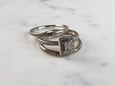 Womens Vintage Estate 14K White Gold Diamond Engagement Ring Set