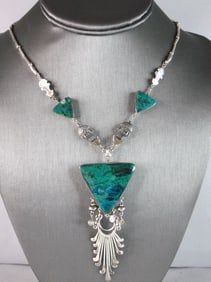 Womens Vintage Estate Sterling Silver Chrysocolla Mayan Necklace