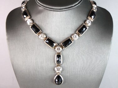 Womens Vintage Estate Sterling Silver Modernist CZ & Onyx Necklace