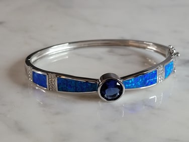 Womens Sterling Silver Modernist Blue Opal Bangle Bracelet