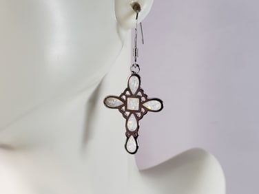 Womens Estate Sterling Silver Opal Cross Earrings