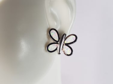 Womens Estate Sterling Silver Opal Butterfly Stud Earrings