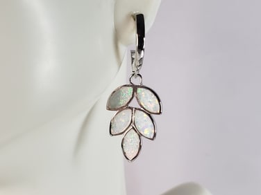 Womens Estate Sterling Silver Opal Leaf Earrings