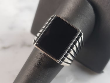 Mens Estate Sterling Silver Modernist Onyx Ring