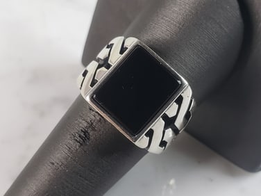Mens Estate Sterling Silver Modernist Onyx Ring