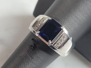 Mens Estate Sterling Silver Modernist Sapphire Ring
