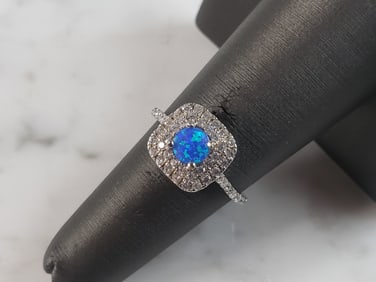 Womens Estate Sterling Silver Modernist Blue Opal & CZ Ring