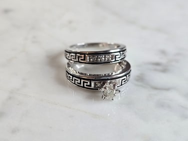 Womens Estate 14K White Gold Diamond Greek Key Wedding Ring Set