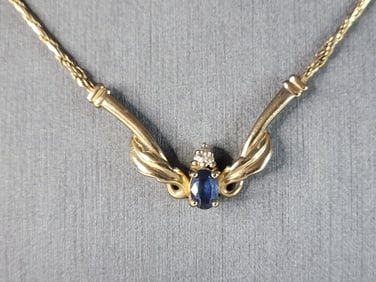 Womens Vintage Estate 14K Gold Sapphire & Diamond Necklace Pendant