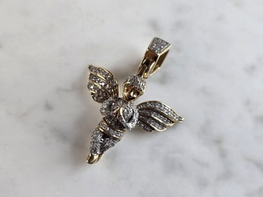 Womens Vintage Estate 10K Gold Angel Diamond Pendant
